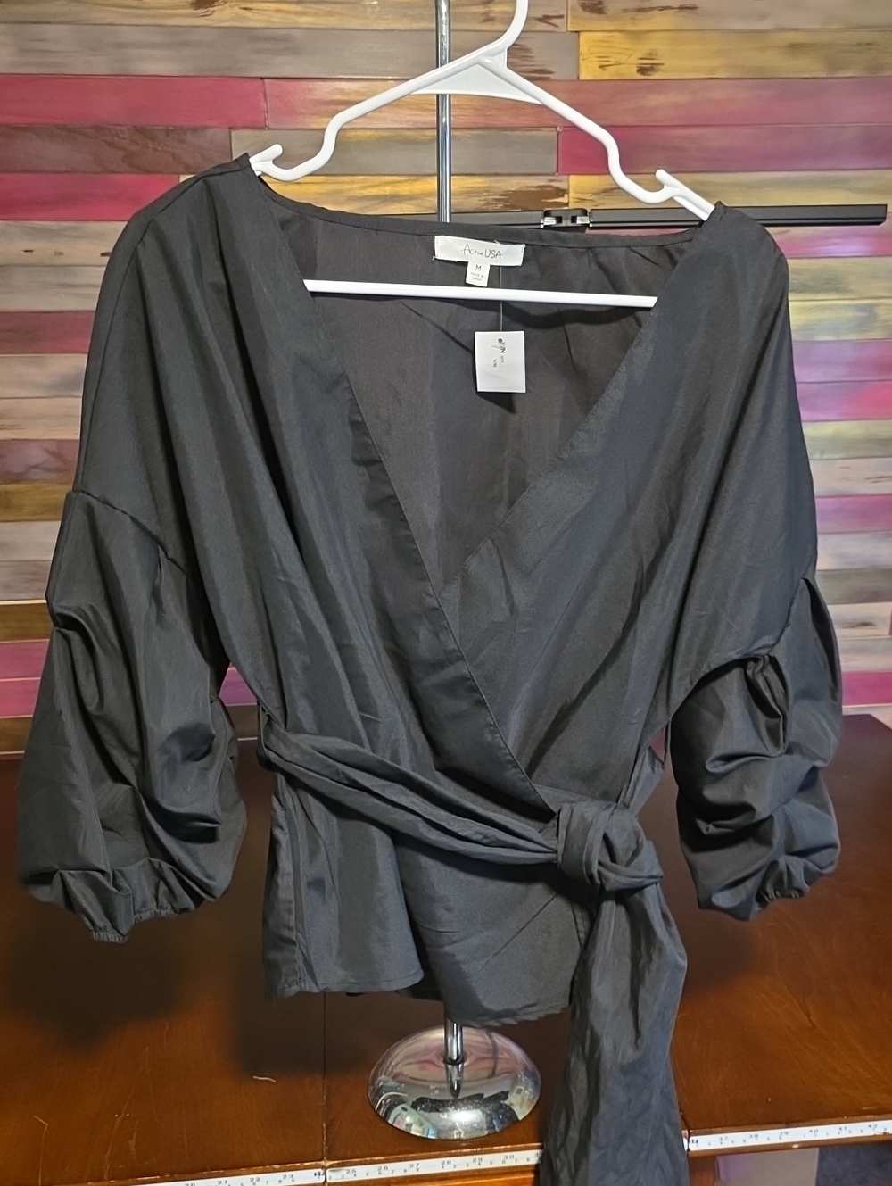 Active USA Black Wrap Blouse with Tie Waist and Puff Sleeves